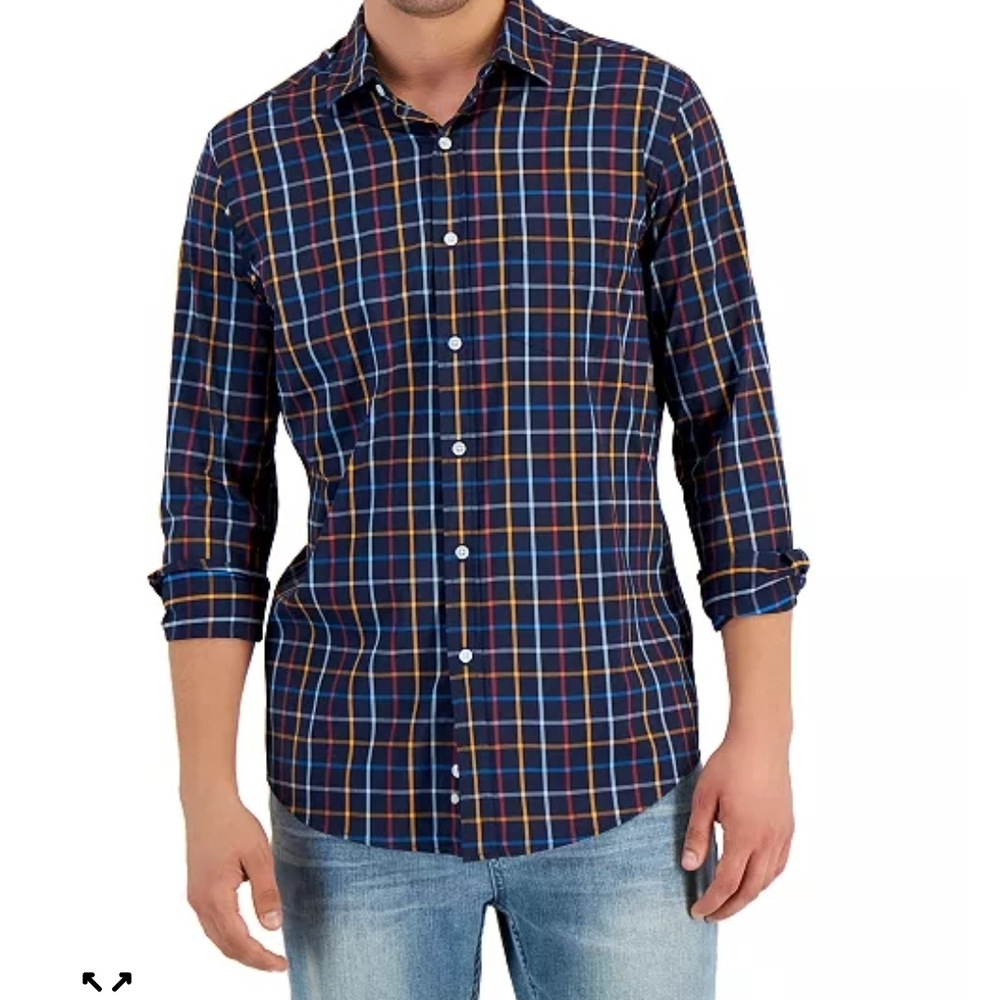 Club Room Men's Plaid Tech Woven Button-Up Shirt Size Small | NEW